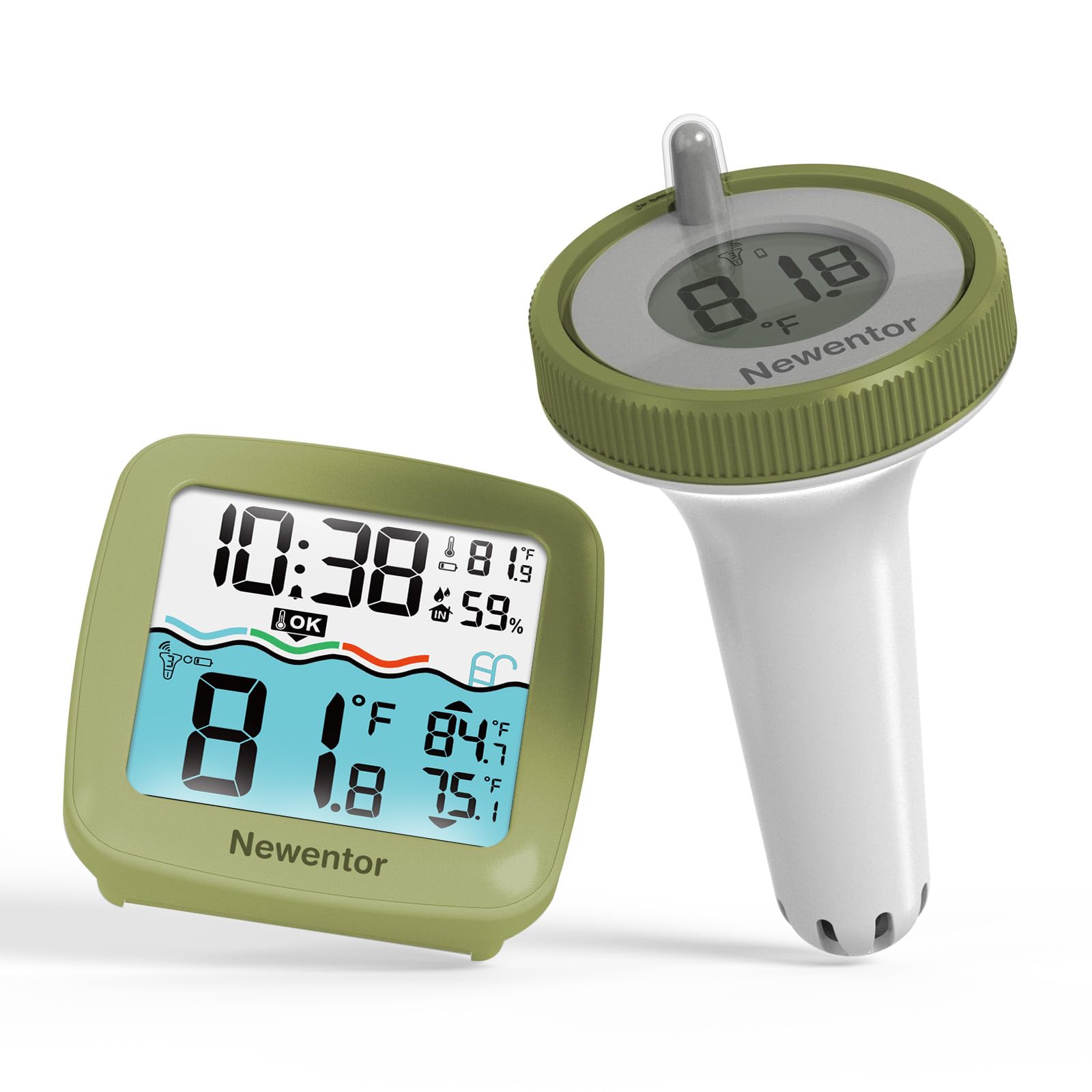 Newentor PT01-WH-CA Wireless Floating Pool Thermometer showing both the floating sensor and the indoor display unit.