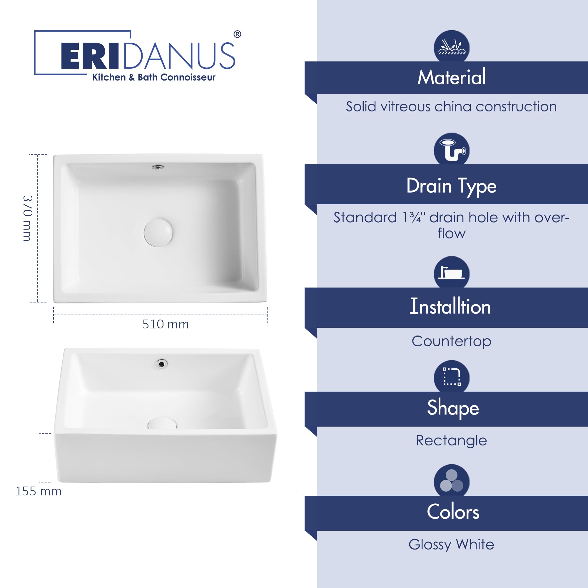 Eridanus Lavabo rettangolare in ceramica, 51 x 37 x 15 cm, lavabo da appoggio per vasca da bagno, moderno lavabo bianco, lavabo da tavolo, lavabo con foro per rubinetto, lavabo a mano
