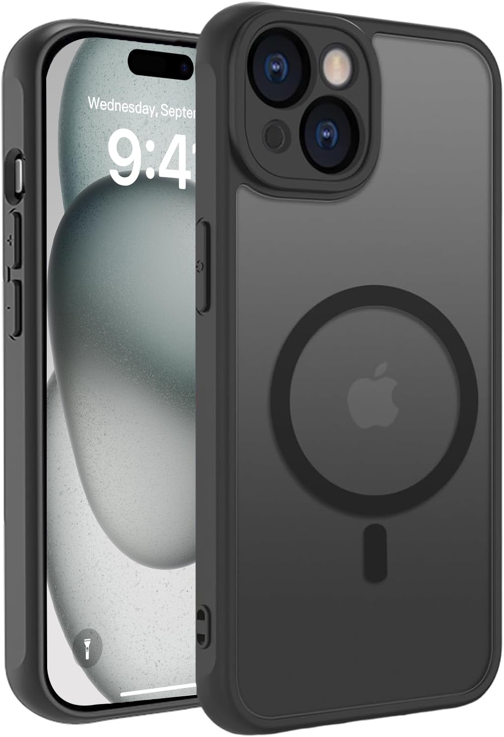 iPhone 15 ケース MagSafe対応 耐衝撃 半透明 マグネット搭載 軽量 薄型 マット感 黄ばみなし 米軍MIL規格 ストラップホール付き ワイヤレス充電対応 EUMADOVE (ブラック, iPhone 15)