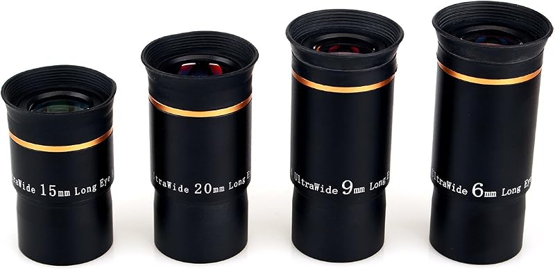 SVBONY Ocular Telescopio, Juego de Oculares Gold Line 6mm 9mm 15mm 20mm, 1.25" | 66° Ultra Gran Angular, Totalmente Multicapa, Buen Alivio Ocular, Enfoque Nítido en Planetas, Lente Telescópica, Accesorio para Telescopio