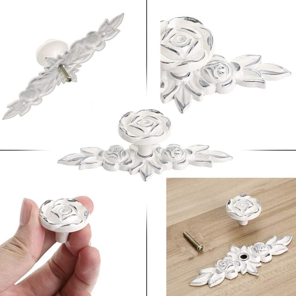 10pcs Rose Flower Cabinet Knobs Vintage Kitchen Shabby Chic Drawer Pull Handles with Base for Dresser Vanity Nightstand Cupboard Wardrobe Closet Drawer (Ivory White with Silver Edge)
