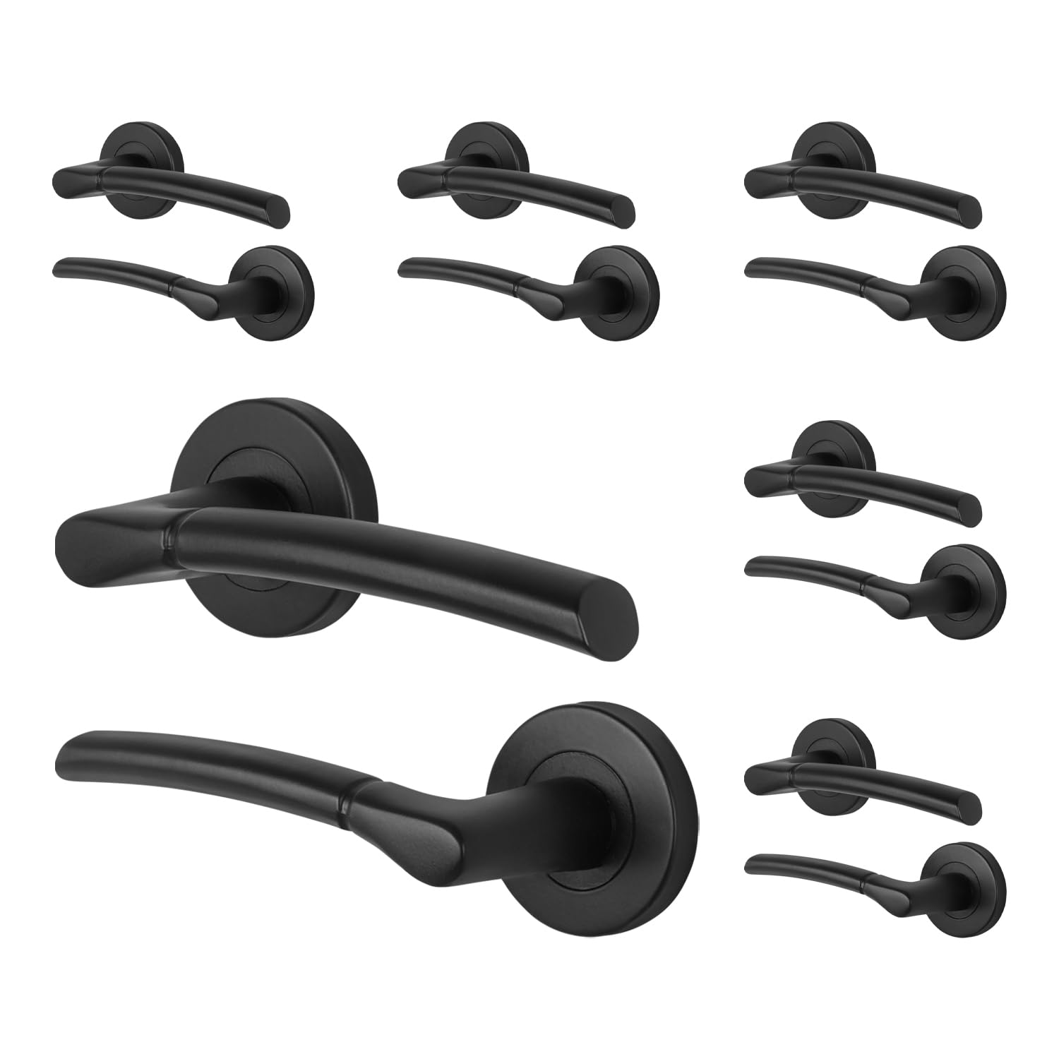 EAI Black Internal Door Handle, 6 Pairs Matt Black Lever on Rose Round Handles - Bova Range