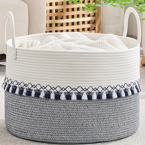 Image of KAKAMAY Cotton Rope Storage Basket (20 inchx13 inch),Woven Hamper for Blankets,Toys,Pillows,Clothes,Laundry,Sturdy Handles Decorative Basket for Living Room, Bedroom,Nursery(Blue Printing)