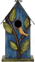 Glitzhome 9.7" Hanging Birdhouse for Outside - Distressed Wooden Cottage with Blue Leaves for Wren, Finch, Bluebird, Hummingbird Garden Patio Decor