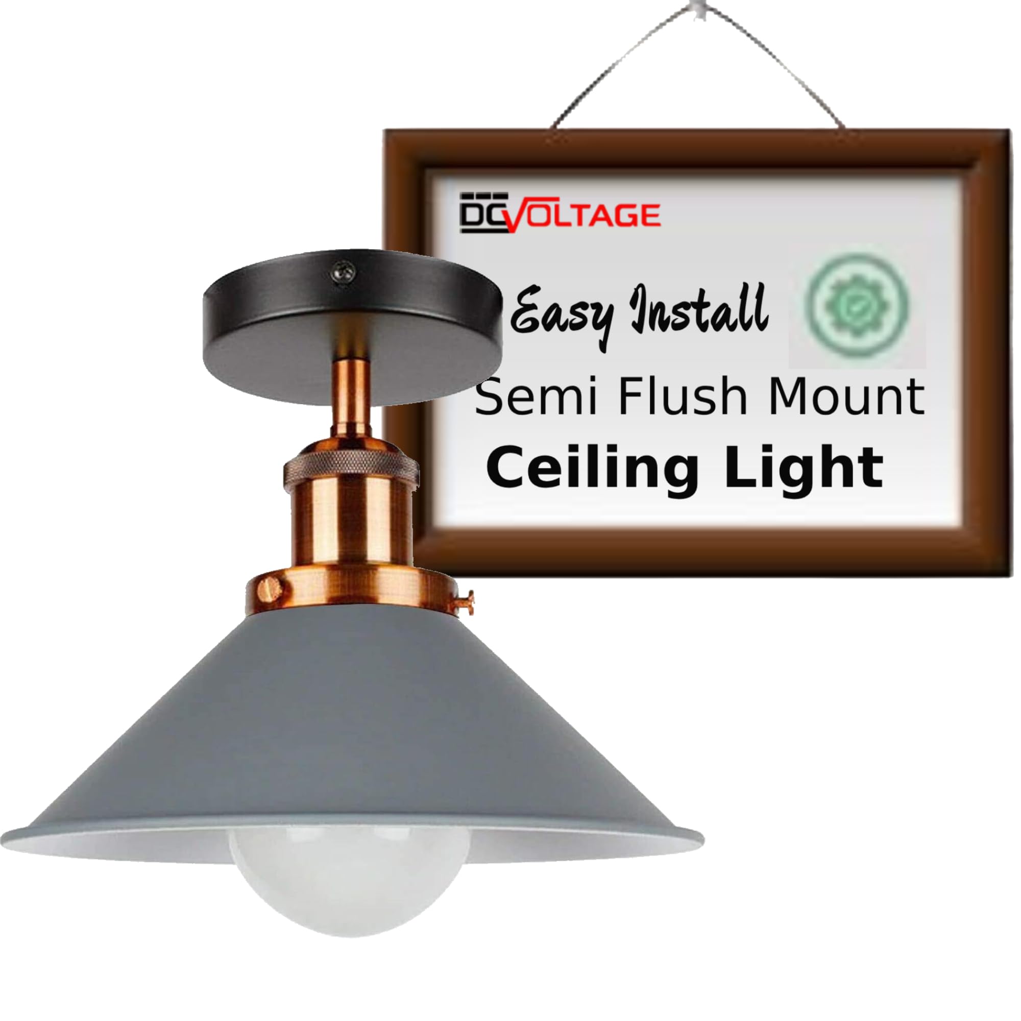 Dc Voltage Grey Semi Flush Ceiling Light 22Cm Metal Shade E27 Ceiling Light Fitting Industrial Vintage Lighting For Kitchen Bedroom Hallway Living Room Without Bulb