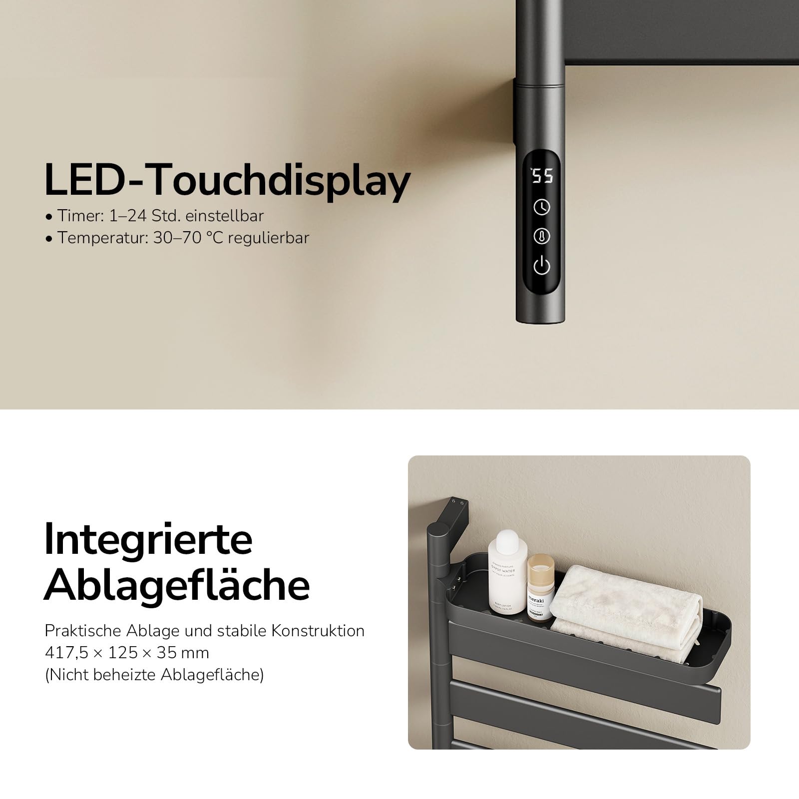 EMKE Elektrischer Badheizkörper 769x450 mm, 180° schwenkbarer Handtuchwärmer mit WiFi-App-Steuerung, Flacher Handtuchheizkörper mit Thermostat & Timer, 120 Watt, IP45, Grau