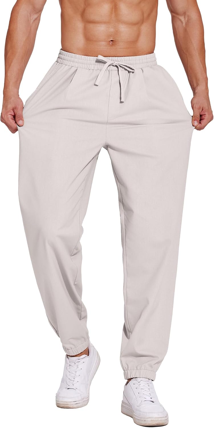 COOFANDY Men's Linen Casual Lightweight Pants Elastic Waist Drawstring Beach Pants with Pockets - Image 2