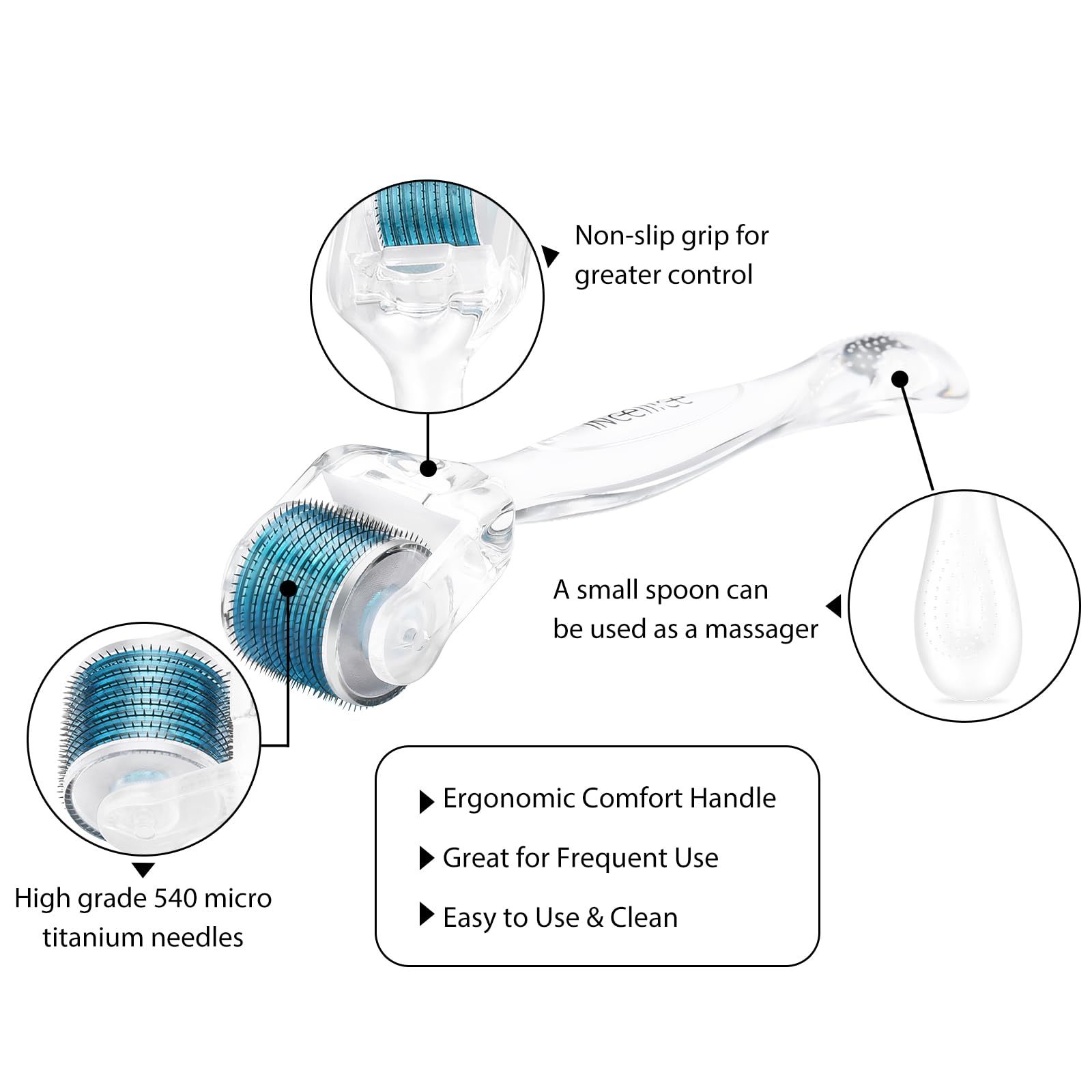 Rullo Derma - INCELLICE Derma Roller Viso, Dermaroller 1,5 mm, Microneedling Hair Roller 540 Titanio Aghi Professionale, Rullo Microaghi per Uso Domestico per la Cura del Viso e Della Barba