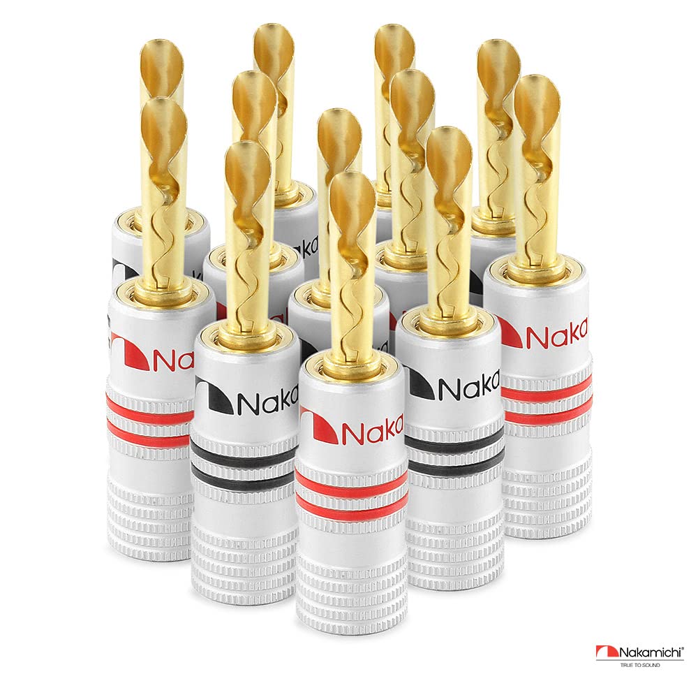 Nakamichi Clavija Banana 12-18 AWG 4 mm 24K Chapado en Oro Enchufe de plátano Adaptador para Altavoces con Cable y Amplificador de Altavoz HiFi 16 Piezas (8 Pares) Clavija Bananas BFA