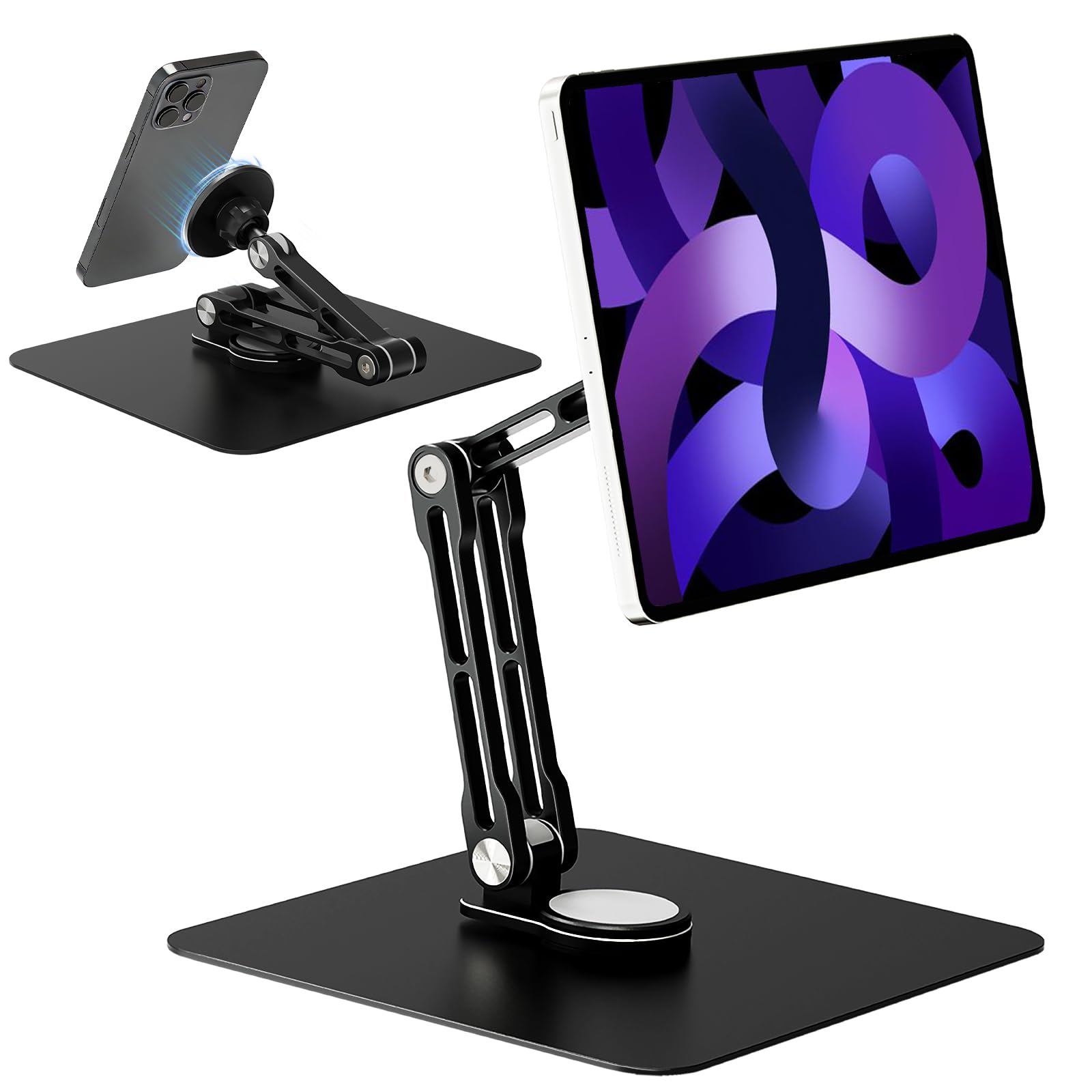 Magnetischer Tablet Halterung Ständer für MagSafe, Aluminium 360° Drehbarer Tisch iPad Halter mit drehbarem Arm für iPhone/Android/iPad/E-Reader