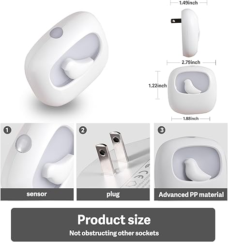 Miniatura 6 de VAVOFO Luz nocturna LED con sensor automático, paquete de 4, 2800 K blanco cálido, bonito diseño de pájaro, lámpara de noche de pared enchufable,