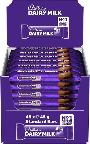 Cadbury Dairy Milk Chocolate Bar, 45 g (Pack of 48) | Smooth & Creamy Texture, For Sharing, Ideal for Snacks