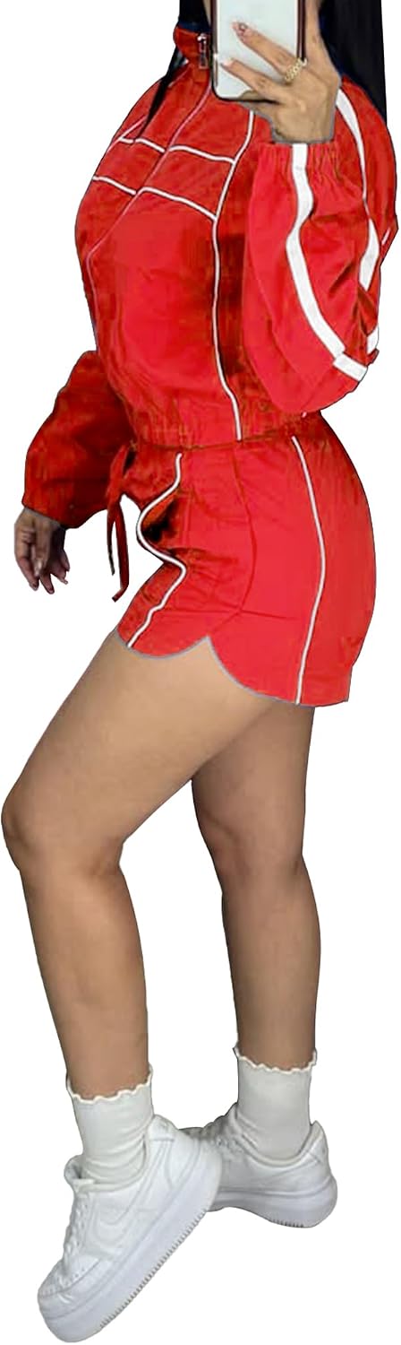 Women Tracksuit 2 Piece Sets Long Sleeve Zip Up Cropped Jacket Matching Shorts Outfits Casual Athletic Sweatsuits