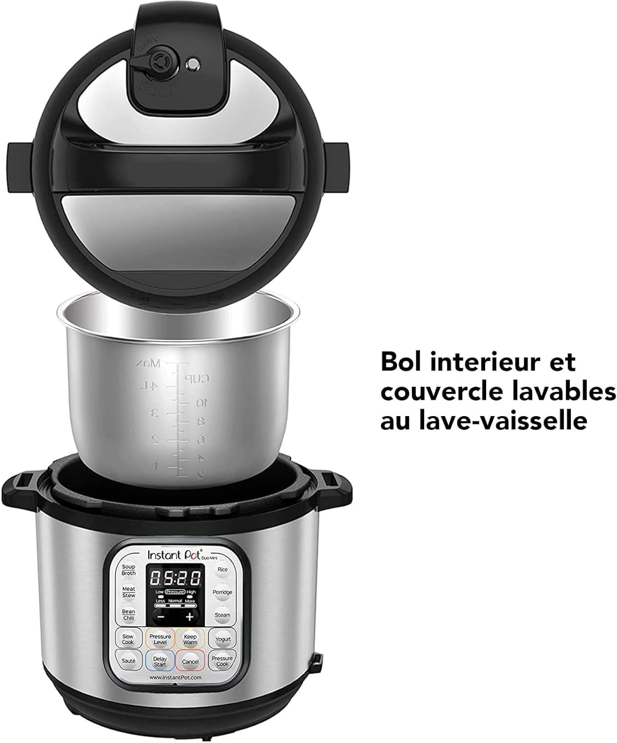 Instant Pot Duo with inner pot and lid separated, showing they are dishwasher safe