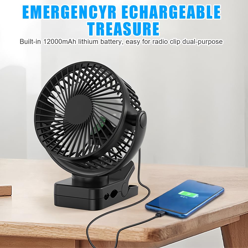 Ventilatore da campeggio, 12000 mAh, mini ventilatore USB, silenzioso, con telecomando e funzione timer, 3 velocità, rotazione a 360°, con luce a LED e ganci, per ufficio, casa, auto, camper