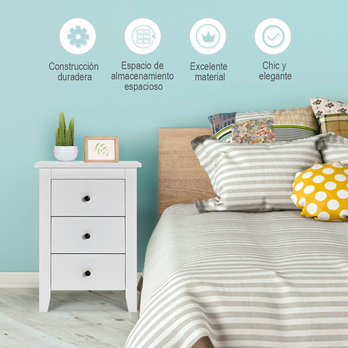 COSTWAY Mesita de Noche con 3 Cajones, Cajonera Moderna Dormitorio, Mesita Auxiliar de Madera con Cajones, Mesilla de Noche para Sala de Estar Dormitorio, 46 x 37 x 65 cm