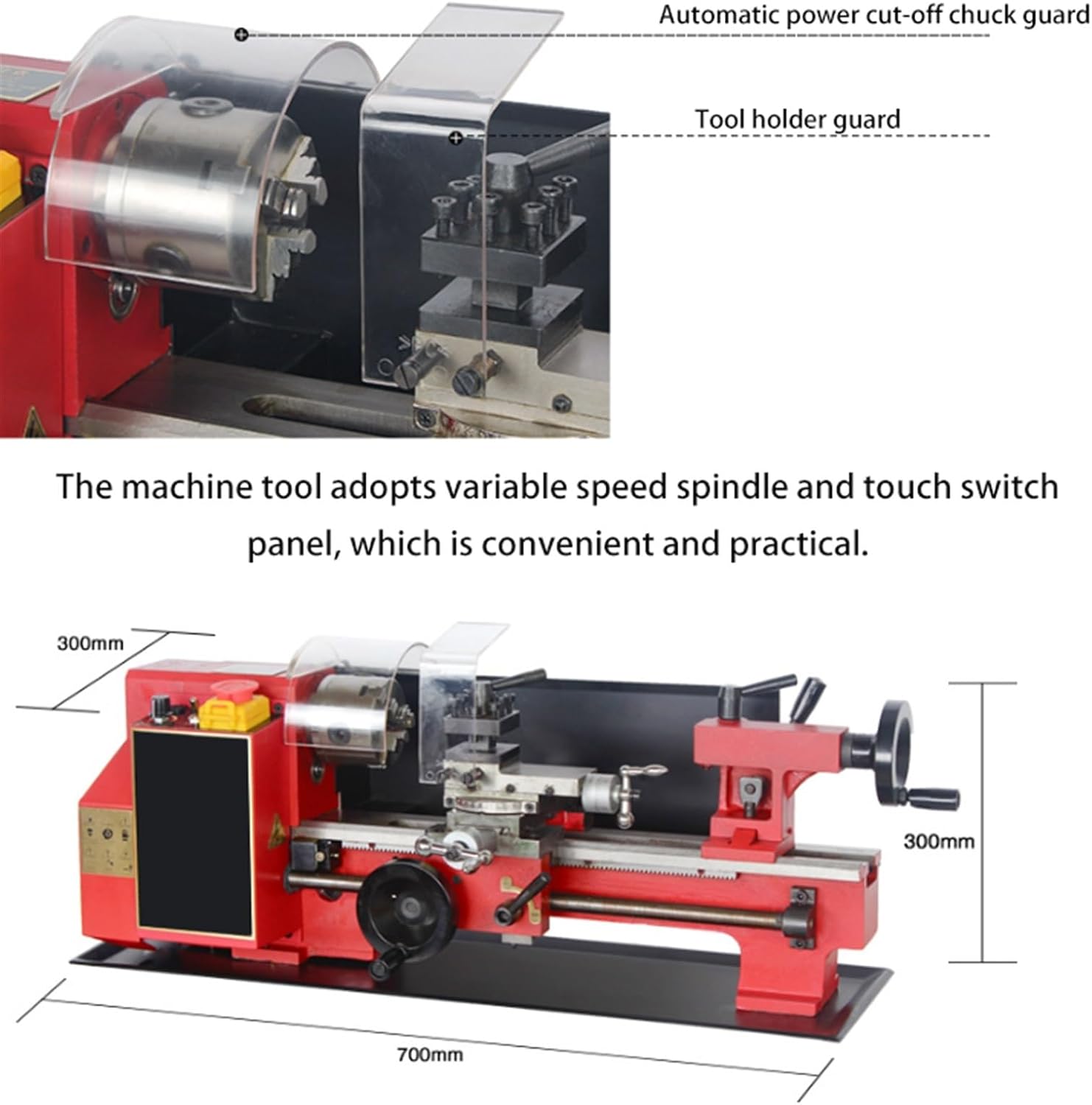300mm 250W Precision Mini Metal Lathe With 80mm 3-jaw Self-centering Chuck, 2500RPM Infinite Speed, 20mm Spindle Through Hole, Milling Machine For Various Metal Turning