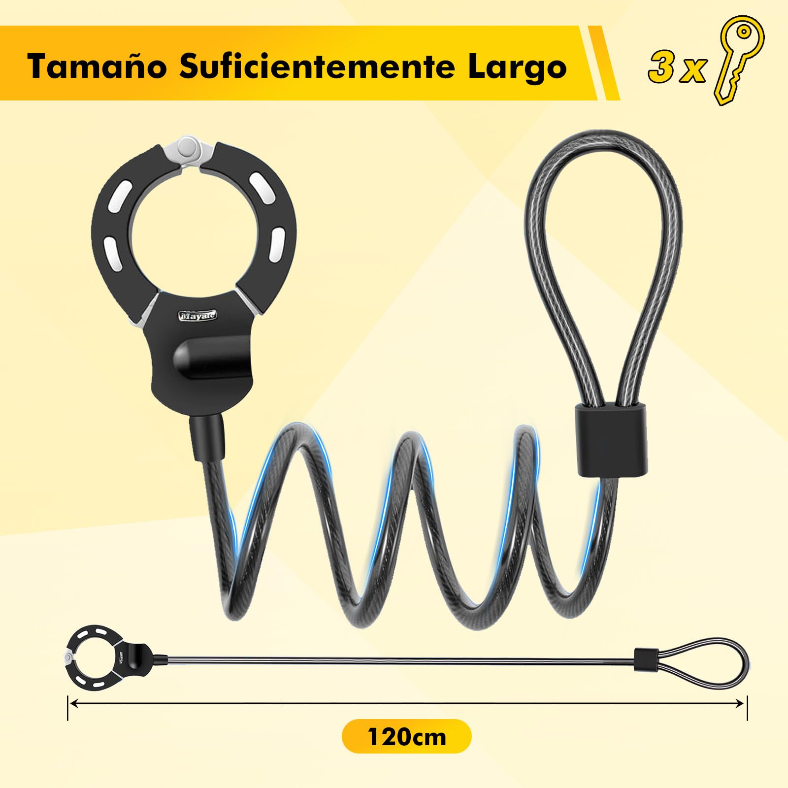 Candado Bicicleta Antirrobo, iWarmbase Candado Patinete Electrico, 120 cm/14 mm para Bicicletas Eléctricas, Antirrobo Para Bici, para Scooters/Patinete Eléctricas/Bicicletas