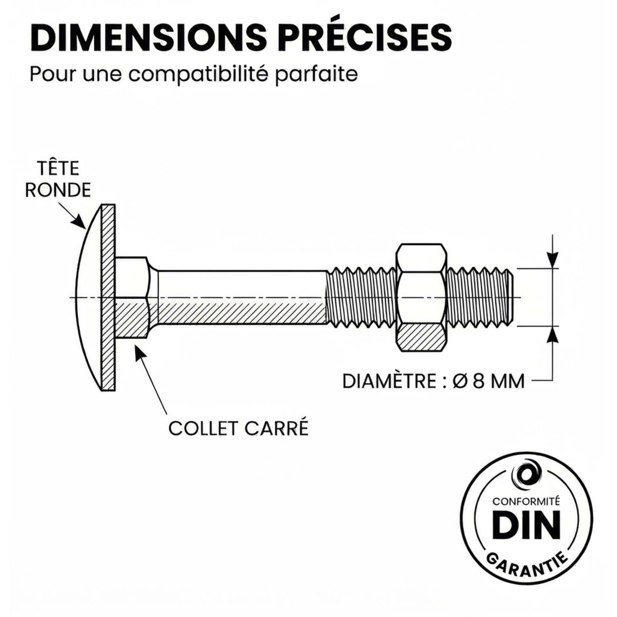 100 Boulons tête ronde collet carré DIN603/555 acier zingués Noir - diamètre 8 mm - Longueur 60 mm