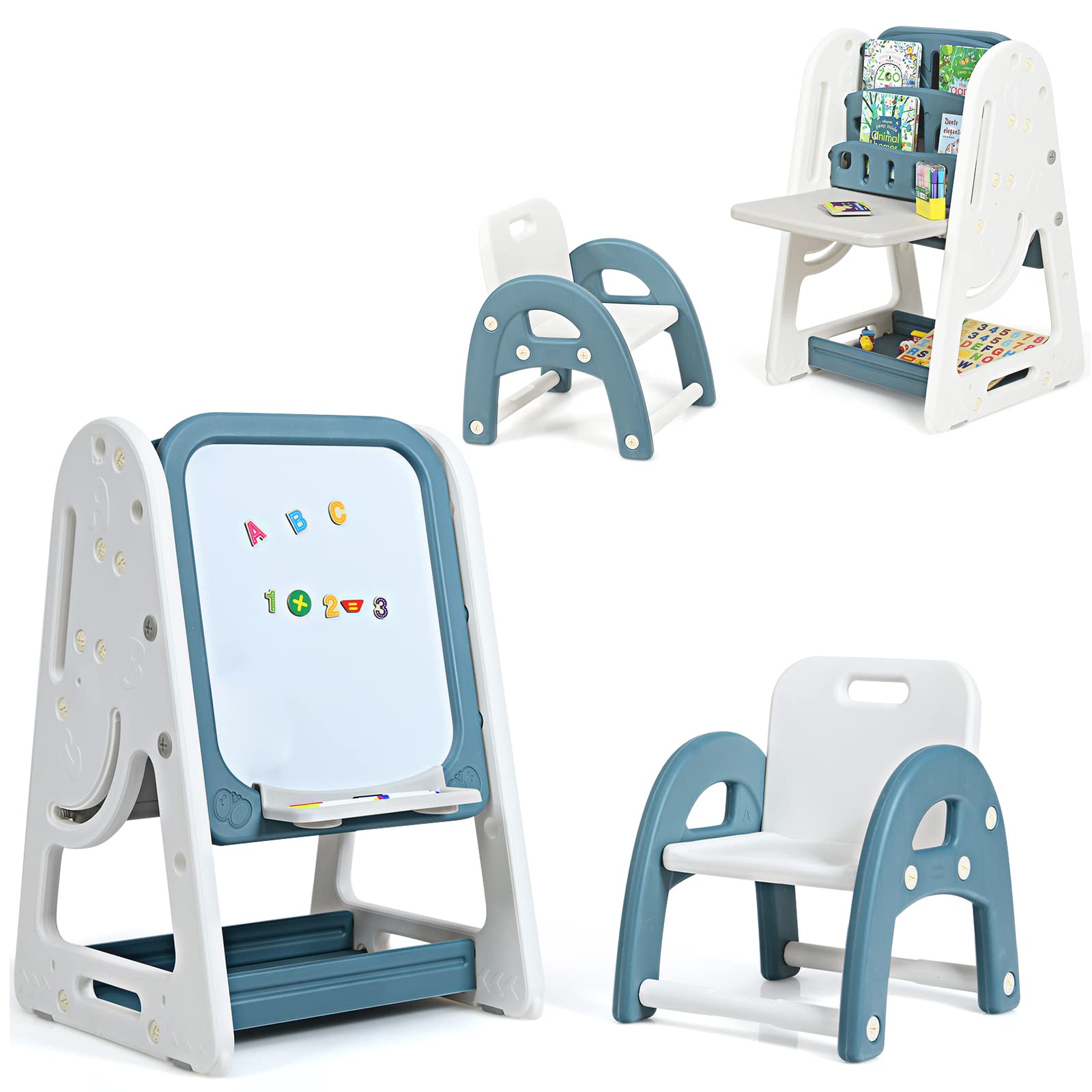 COSTWAY Set 2 in 1 Cavalletto per Bambini, Lavagna Magnetica Multifunzione Bifacciale, Libreria Bambini Altezza Regolabile, con Sedia e Accessori (Blu)