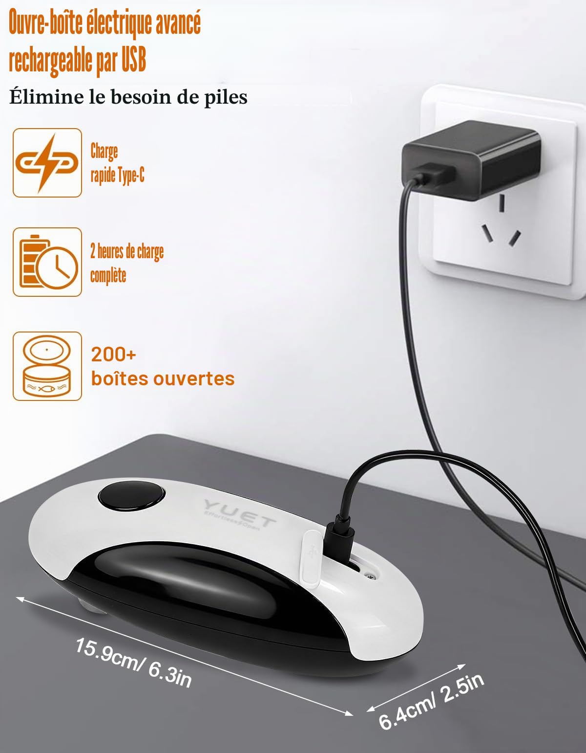 YUET Ouvre-bocal électrique USB Rechargeable Automatique, Ouvre-boîte Électrique Sans Effort Simple Pression sur le Bouton pour les Personnes Souffrant de Problèmes de Préhension