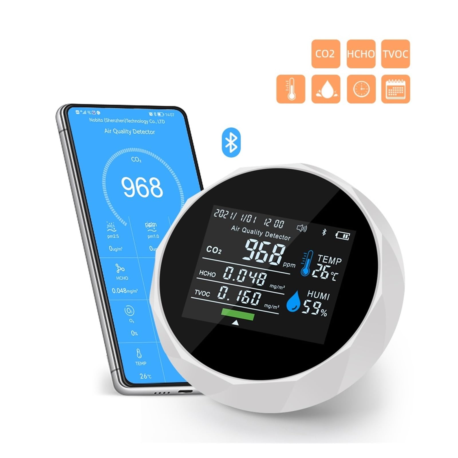 Monitor d'aria multifunzione TVOC HCHO Misuratore di CO2 Tester qualità del gas Umidità Temperatura Rilevatore controllo dente blu Per cucina e camper(Noir)