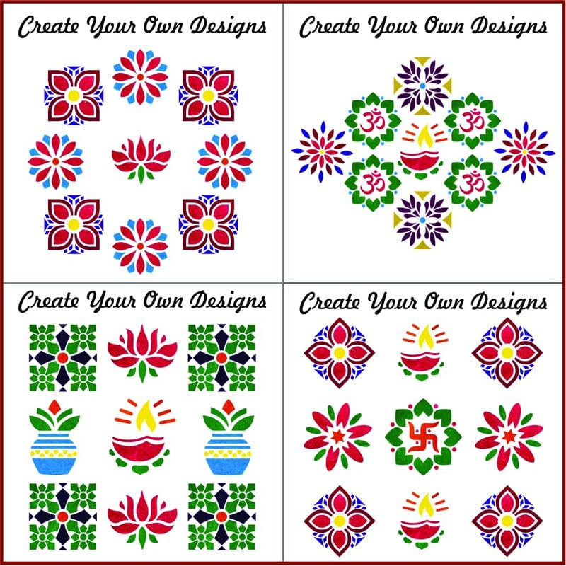 KIDLI Diwali Rangoli Stencil Set 6 Pieces with Shree Ram Swastik Shubh Labh Flower Designs, 4x4 Inch, MDF Rangoli Making Tools for Home Floor Decor, Navratri Festival Decoration, SM17 2