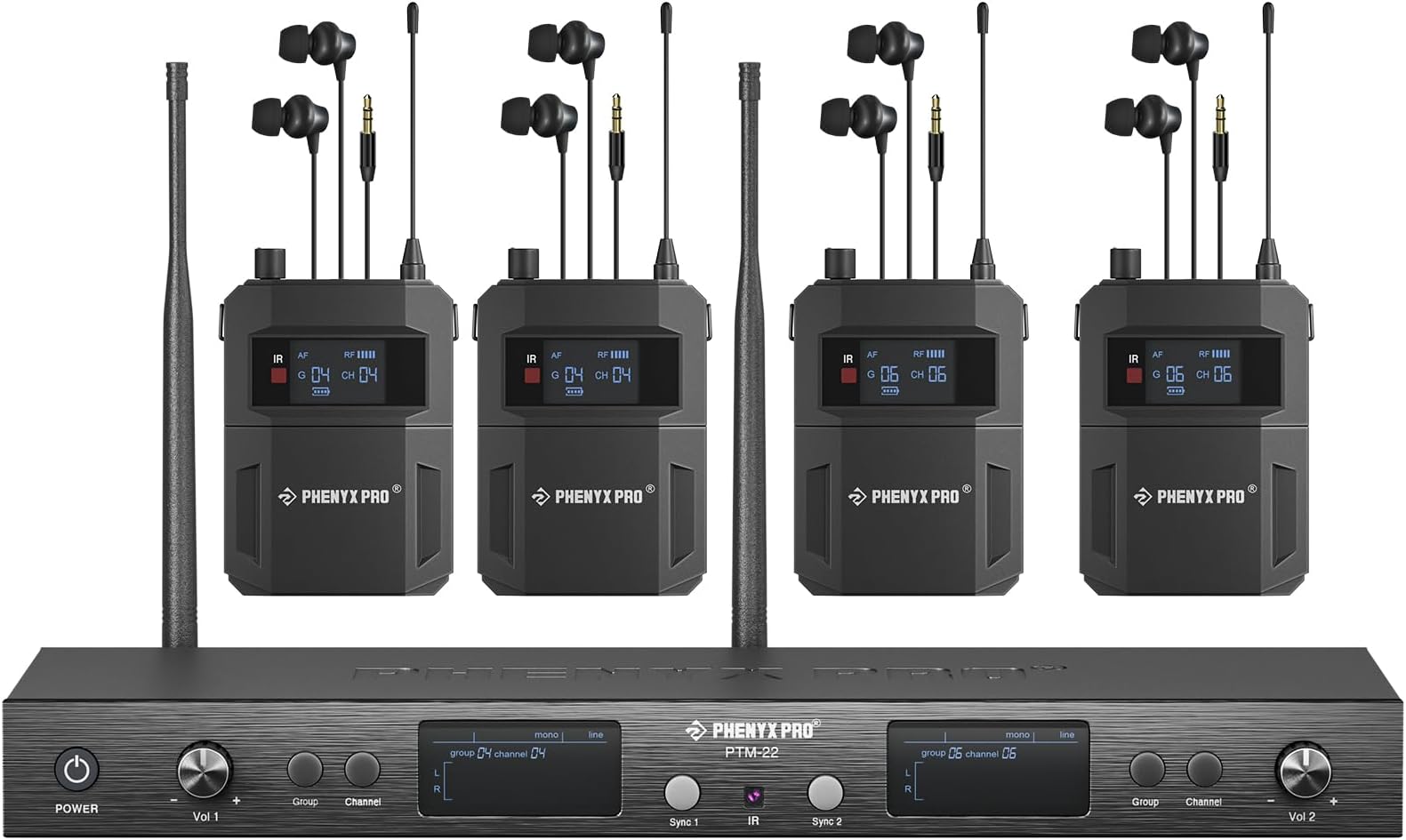 Phenyx Pro Dual-Channel Wireless in Ear Monitor System, Mono IEM System w/ 4 Bodypacks, 2x50 UHF Frequencies, Rack Mount, 164 ft Range, Wireless in Ear Monitor for Bands/Studio (PTM-22-4B)