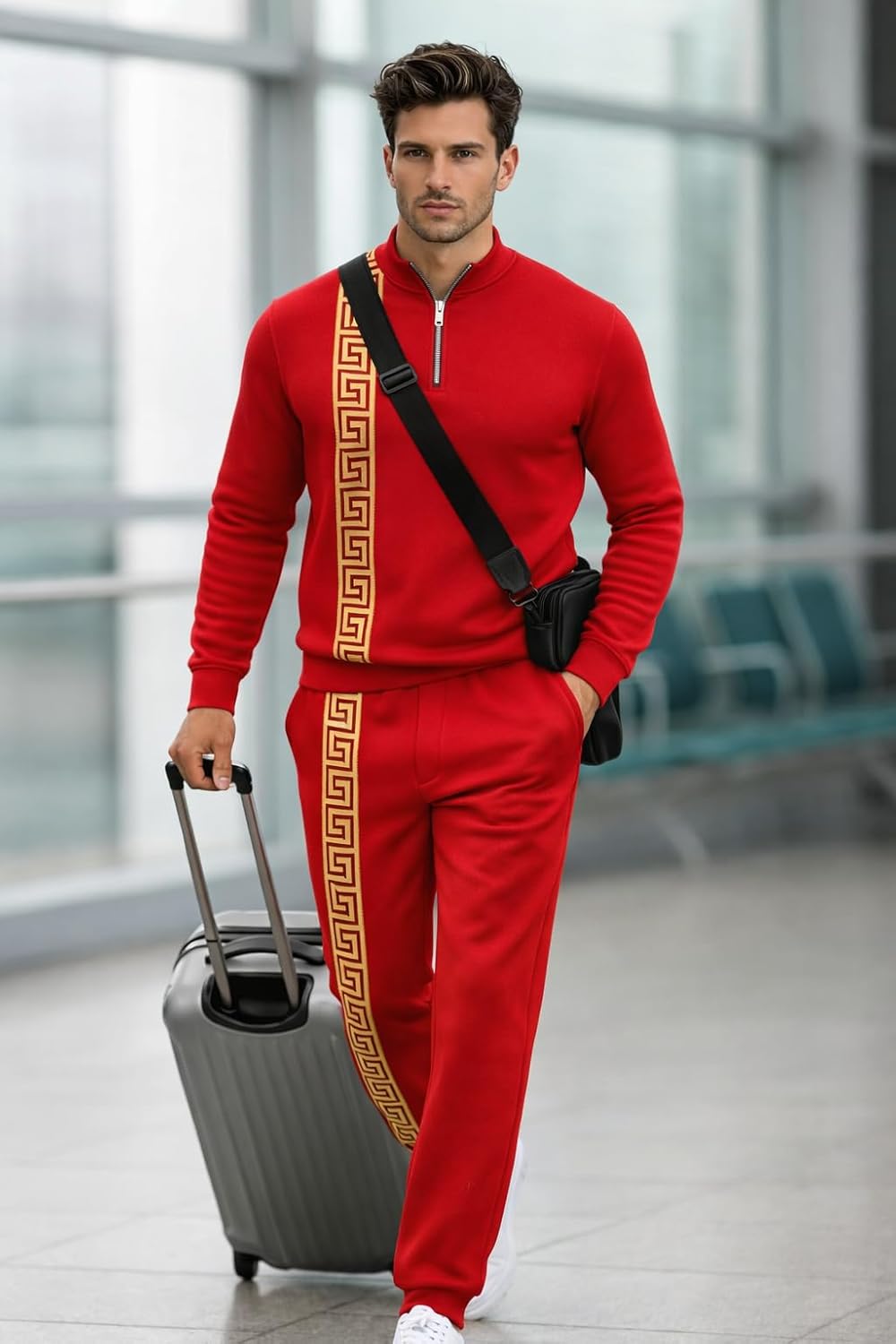 Mens Track Suits 2 Piece Set Jogging Suit Gold Greek Sweatpants Zip Pullover Matching Pants Workout Sweat Pant Set