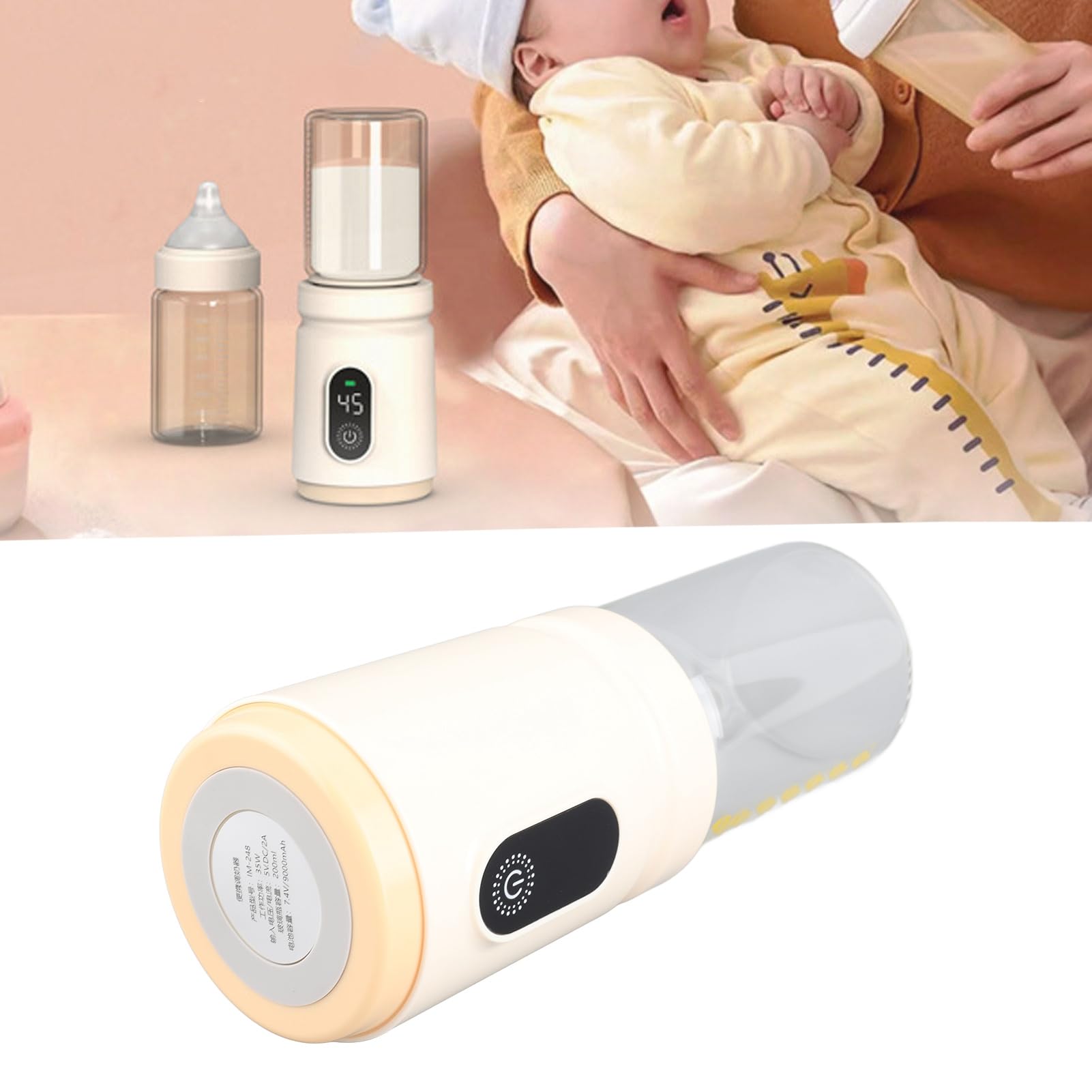 Calentador de Biberones Portátil, Calentador de Biberones de Viaje de 200 Ml con 4 Configuraciones de Temperatura, de Leche Recargable Inalámbrico para Leche Materna, Fórmula o Agua, Carga