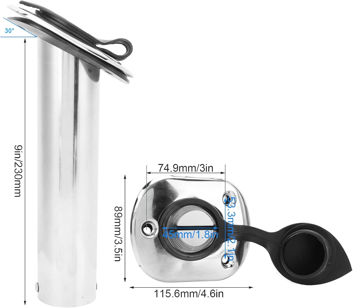 2Pcs Fishing Rod Holder 316 Stainless Steel 9in Flush Mount with 30° for Yacht Boat Marine Fishing Pole Support Fishing Accessory