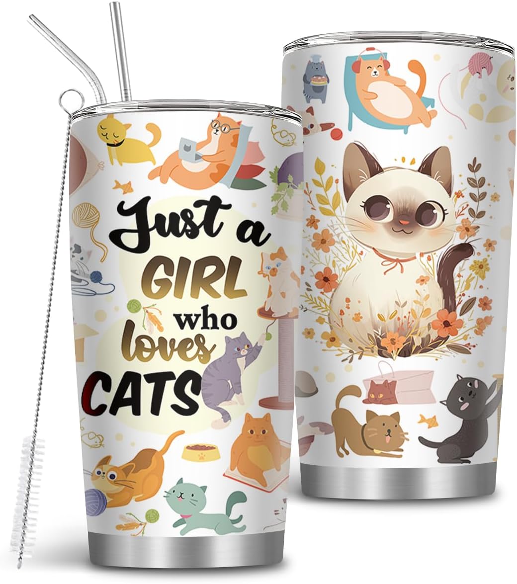 MoYueno Cat Gifts for Women, Just a Girl Who Loves Cats Tumbler with Straw 20 Oz, Animal Lovers Gifts for Thanksgiving Christmas, Cat Themed Gift for Cats Mom Lover, Kitty Insulated Travel Cup, 1 PCS