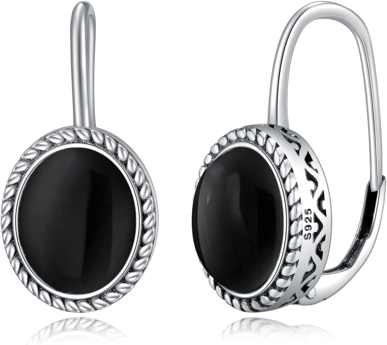 Natural Black Onyx Leverback Earrings 925 Sterling Silver Vintage 10-11MM Genuine Black Agate Gemstone Earrings Jewelry for Women