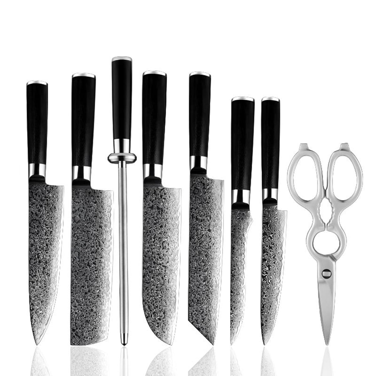 Knife Set 6 Pieces Damascus Steel Knife with Scissors and Sharpening Rod Lightweight and Strong Full Tang Professional
