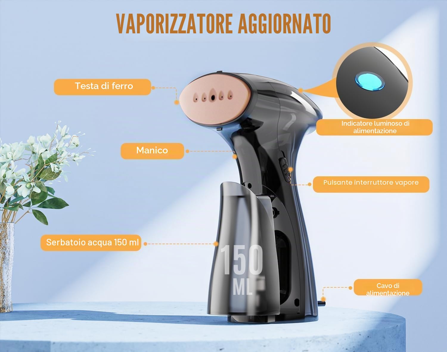 ferro da stiro a vapore da 1600 W, potenza del vapore 25 g/min, spazzola a vapore portatile, piastra a vapore metallica, ferro da stiro a vapore da viaggio con serbatoio d'acqua rimovibile da