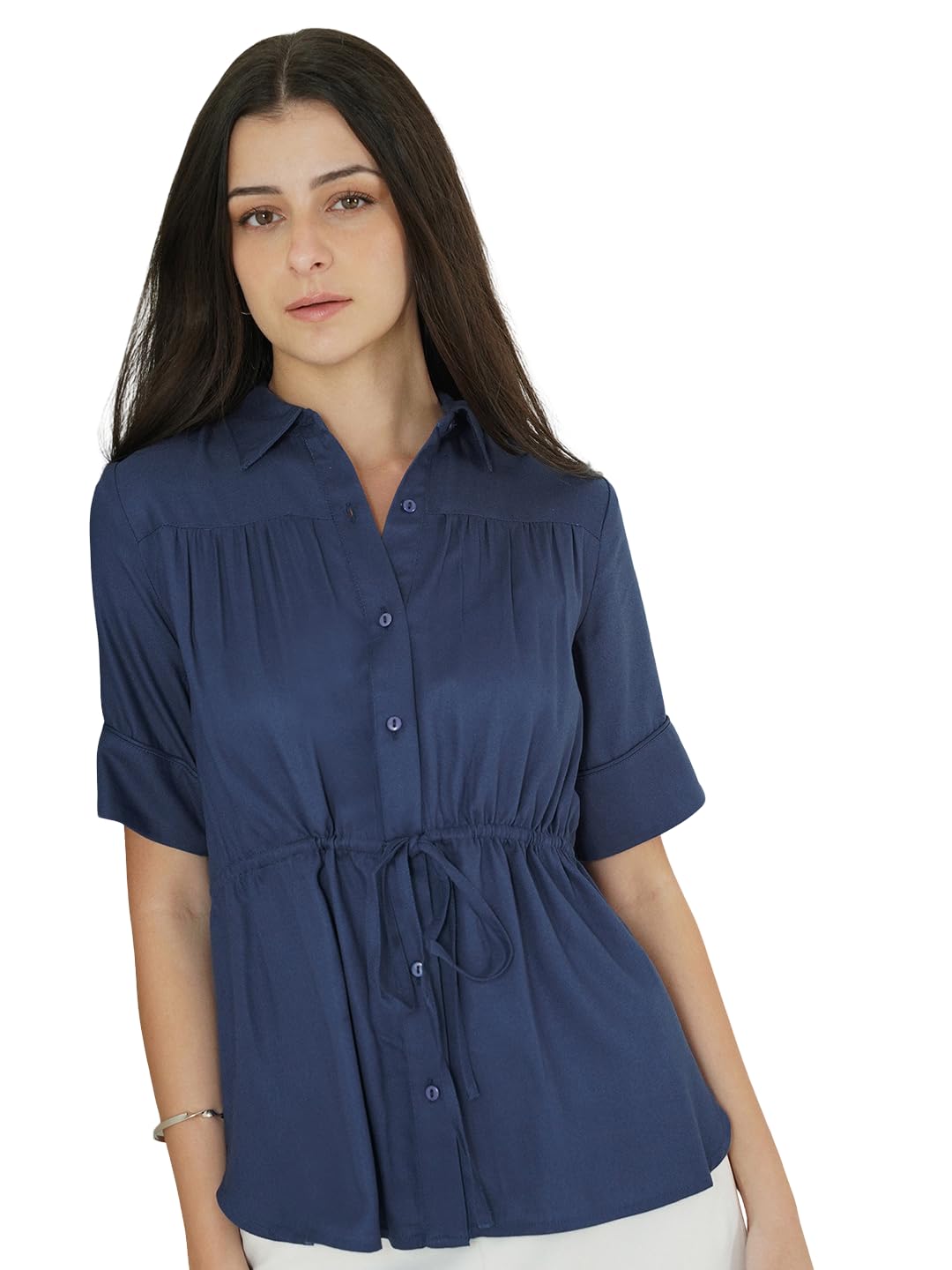 fablestreet Women Shirt Casual | Relaxed Fit Polo Neck Solid Short Sleeve Design & Curved Hem | Soft Breathable Fabric for Business Casual, Festive-picture-45