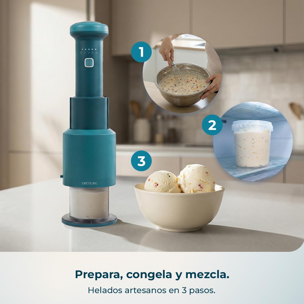 Cecotec Máquina de Helados - Heladera de Mano - Gelatec Easymove. 250W, 5 Programas, Mezcla Vertical Cremosa, Helados, Sorbetes y Bebidas en 3 Pasos, 3 Tarrinas 260ml, Cuchilla Separable