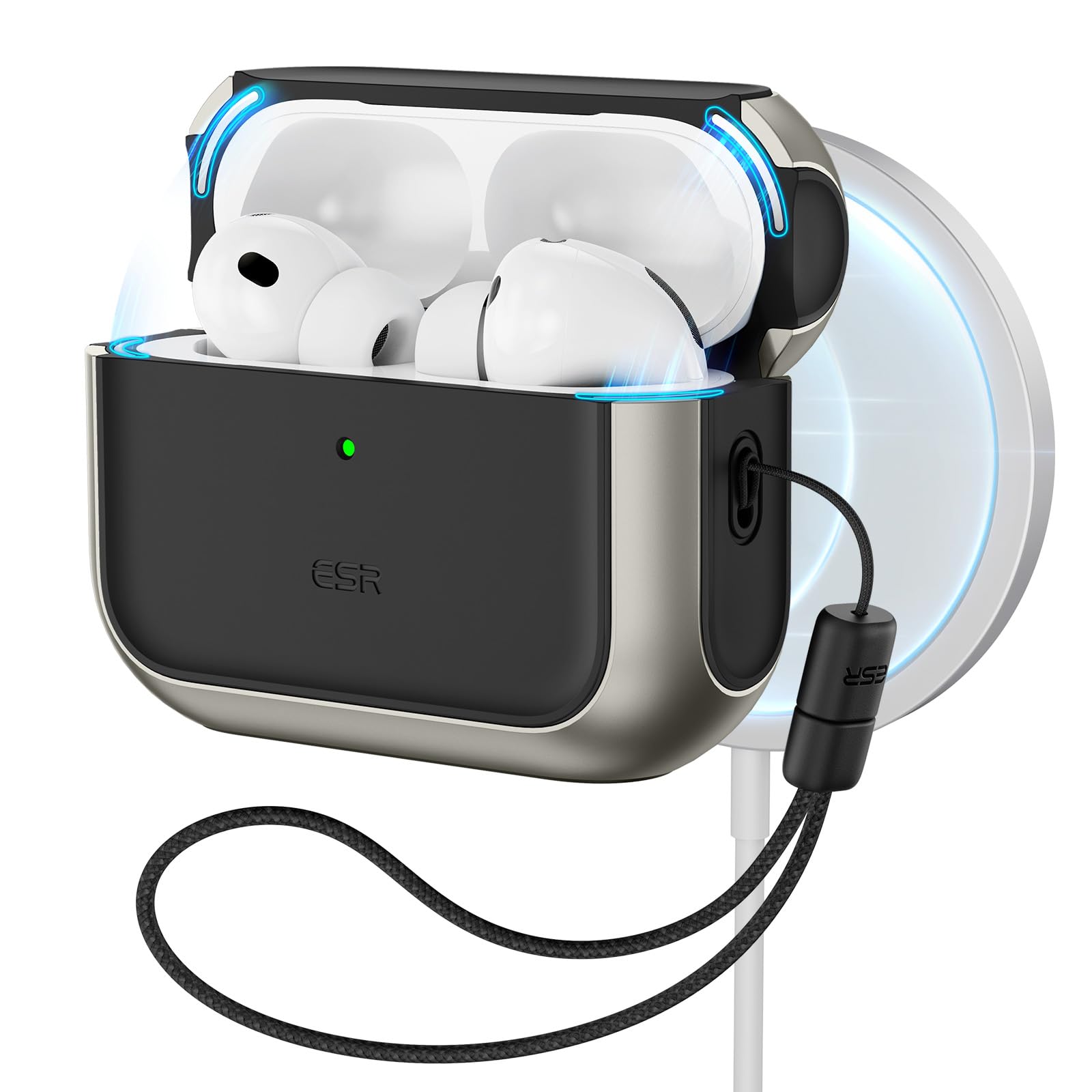 esr for airpods pro 3 case, compatible with airpods pro case 3rd generation (2025), compatible with magsafe, full drop protection cover with lanyard, titanium