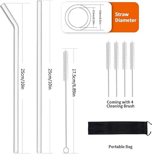 Vista 7 de Paquete de 10 popotes de vidrio coloridos reutilizables, 8 pulgadas, resistentes a los golpes, batidos y bebidas frías, con 2 cepillos de limpieza