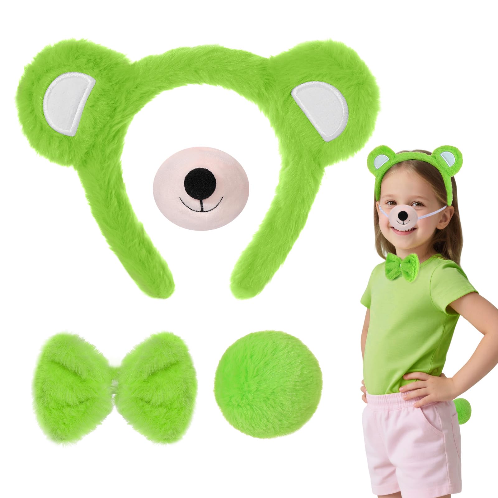 Hifot 4PCS Bear Costume Accessories, Furry Bear Ears Headband Nose Bow Tie and Tail Set