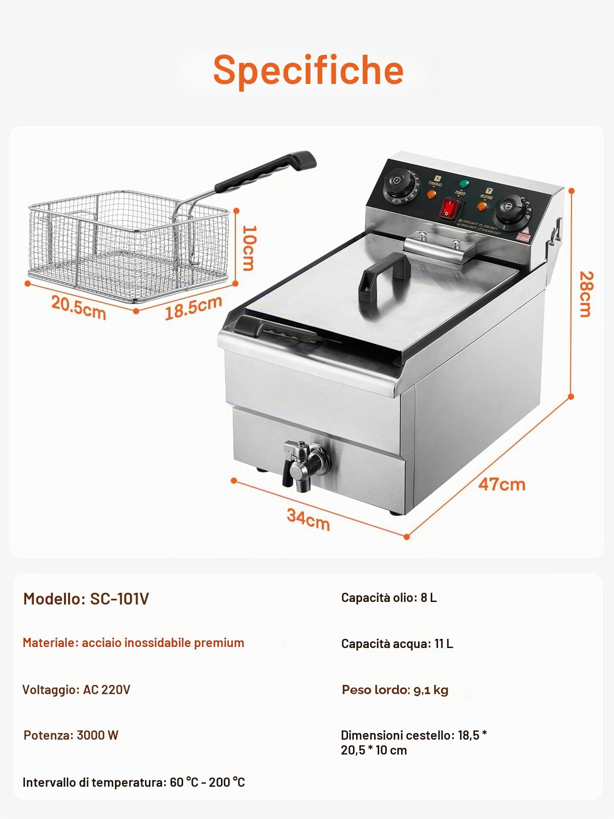 Friggitrice Elettrica FOHERE da 11L con Scarico dell'Olio, 3000W Friggitrice Professionale con Cestello e Coperchio, Timer da 60 Minuti, Controllo della Temperatura 60-200 °C, per Ristoranti e Cucine