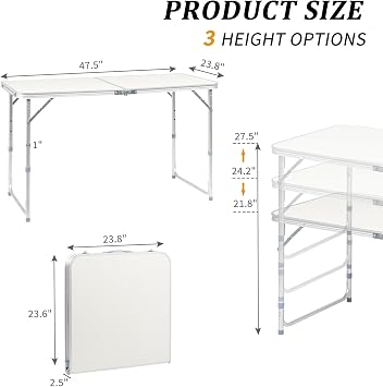 Folding Camping Table 4 Ft Foldable Picnic Table Portable 3 Height Adjustable Aluminum Camp Table Outdoor for Card BBQ White