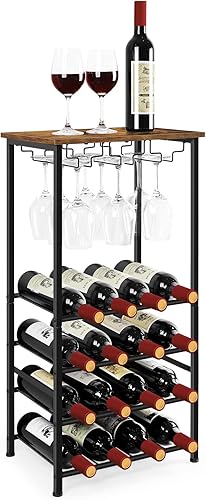 Miniatura 6 de OYEAL Estante para vino de pie con 16 botellas, soporte para botellas de vino, armario de licor, carrito de bar con 9 soportes de vidrio para