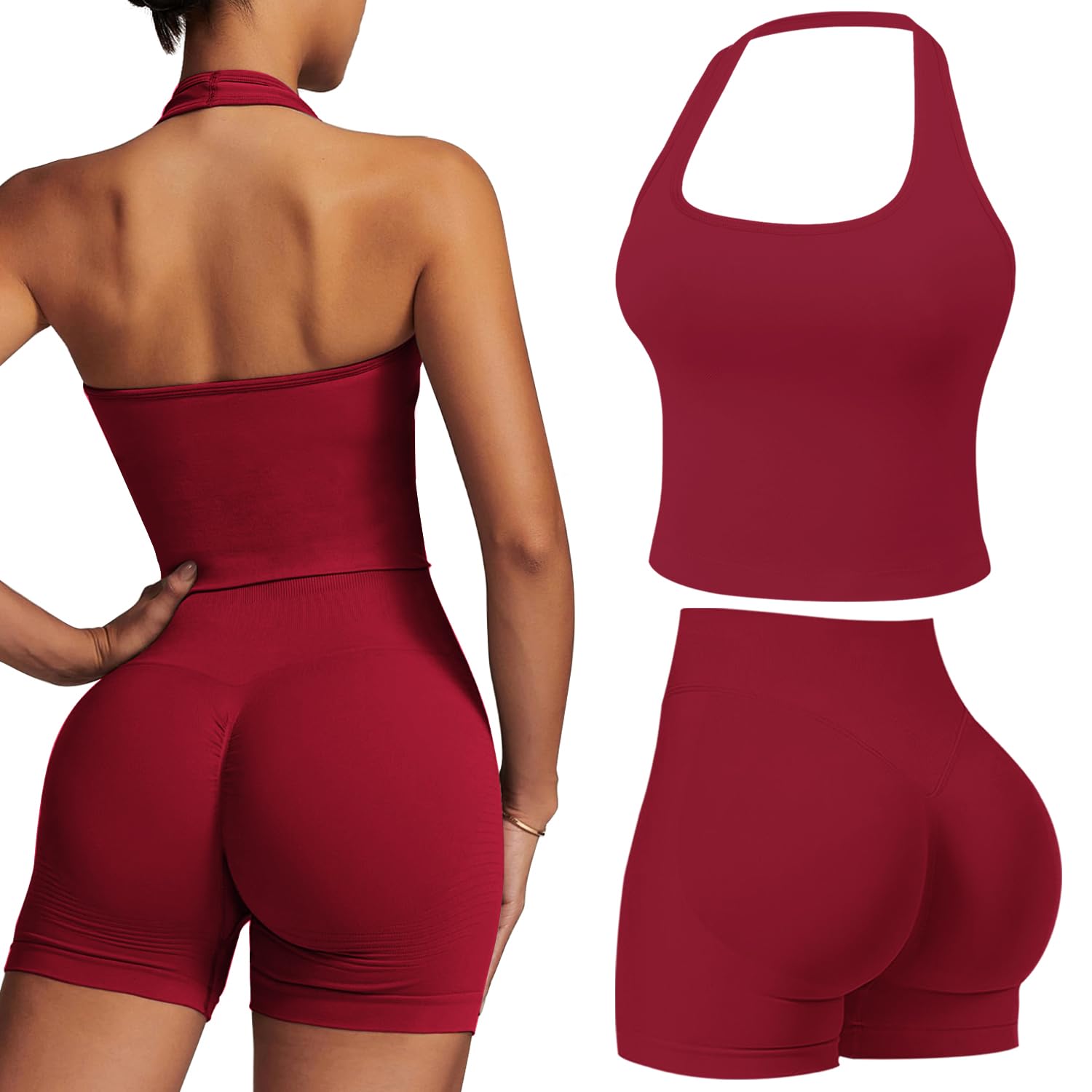 JN JANPRINT 2-teiliges Fitness-Set für Damen, langes Neckholder-Tank-Top, rückenfrei, U-Ausschnitt und versteckte Scrunch-Shorts, Yoga-Outfits, Workout-Trainingsanzug
