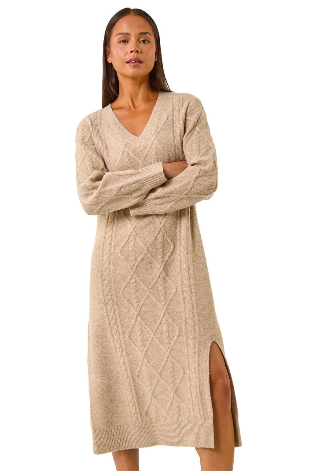 Roman Women's Petite V-Neck Knit Midi Dress in Beige | Size: 18