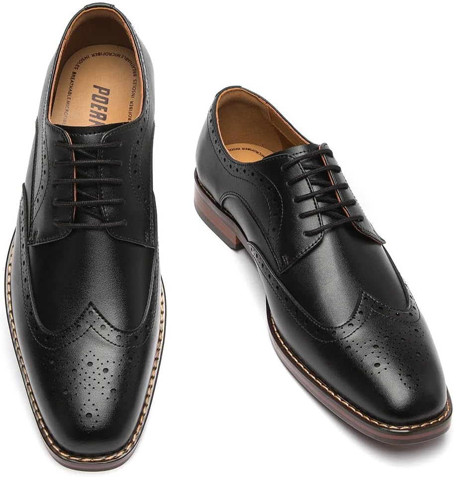 Men’s Oxford & Derby Formal Dress Shoes: Lace – up Leather Classics in Black and Brown with Patent Brogue Details