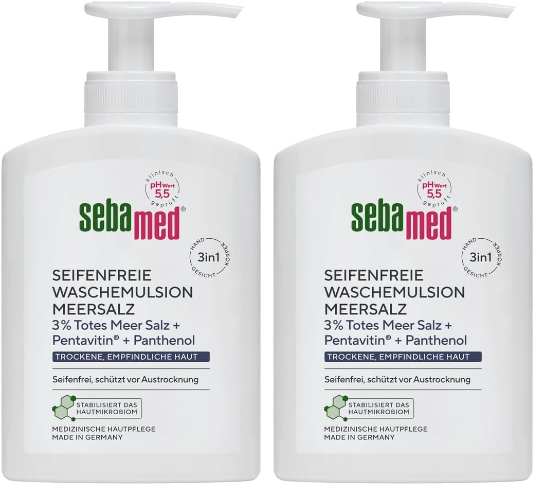 SEBAMED seifenfreie Waschemulsion Meersalz mit Spender 200 ml, für eine besonders milde Reinigung der trockenen und empfindlichen Haut, zur Hand-, Gesichts- und Körperreinigung geeignet