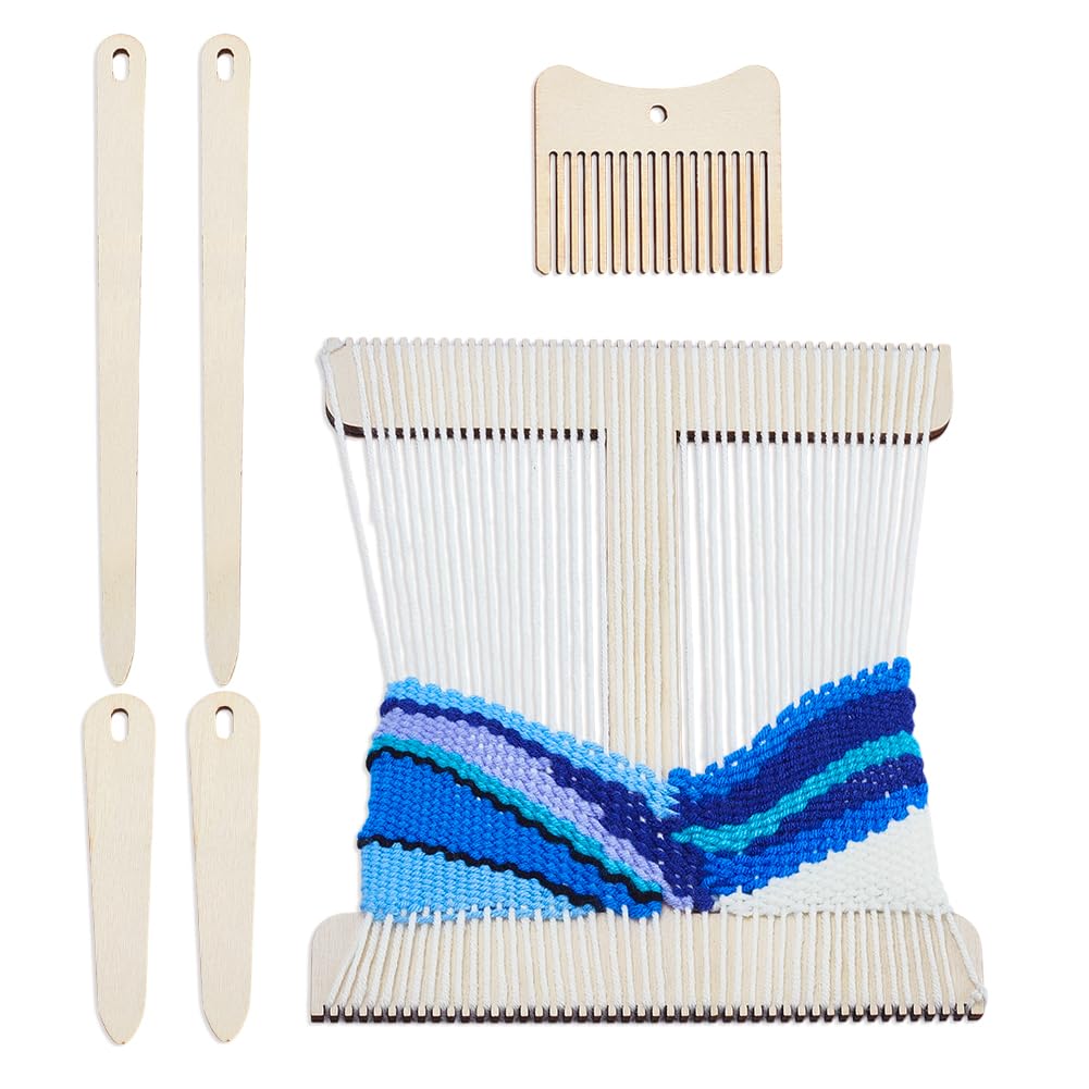 AHANDMAKER 6pcs Wooden Weaving Loom Tools Include Comb Shuttle Crochet Needle Rigid Heddle Yarn Kit for Beginners Knitted Crafts DIY Adults Home School Decoration