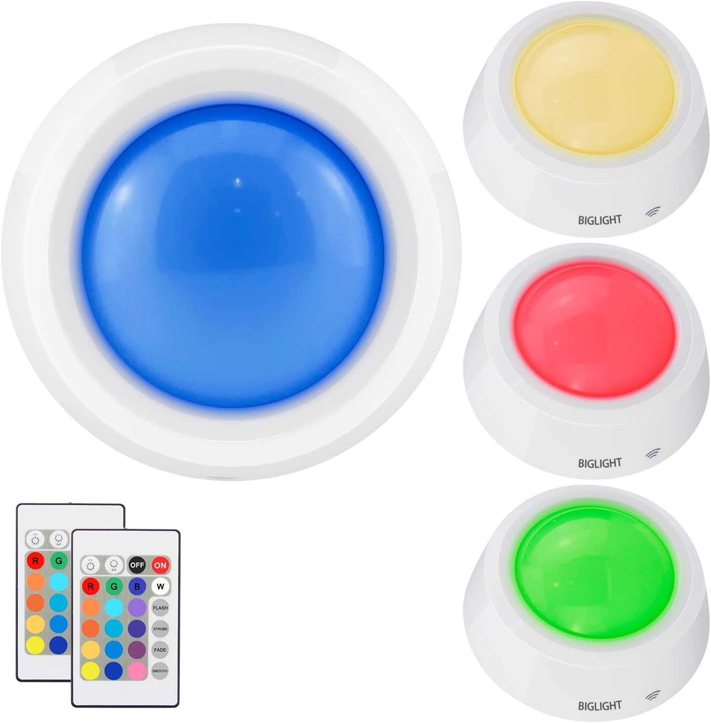 BIGLIGHT Battery Operated Closet Lights with RGB, Wireless Tap Light, LED Puck Lights, Remote Controlled Color Changing, Stick on Voice Level Lights for Classroom， 4 Pack