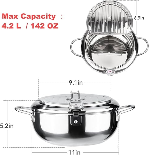 Miniatura 2 de Olla grande de Tempura con tapa. Olla profunda con termómetro (F) y estante de drenaje de aceite para familias de 4-6 personas de 11 pulgadas y 4.4